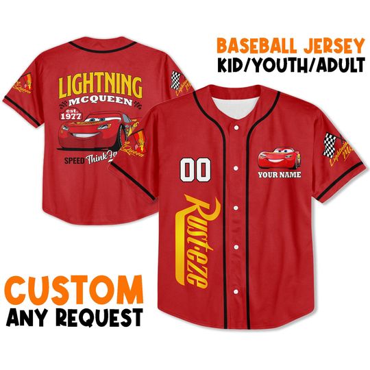 Discover Personalize Disney Cars Retro Lightning McQueen Think Fast Red Black Jersey