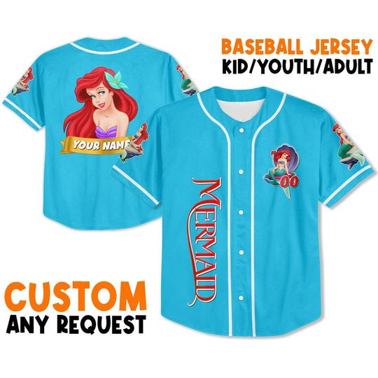 Discover Personalize Mermaid Blue White Jersey, Disney Baseball Jersey Sports, Cute Gifts For Fans
