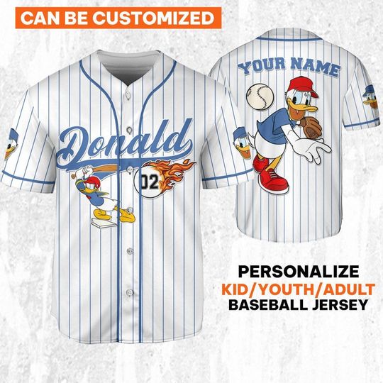 Discover Personalize Donald Baseball Fire Blue White Jersey, Disney Baseball Jersey Sports
