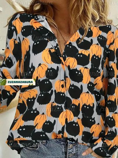 Discover Black Cat Linen Shirt, Cat Halloween Shirt, Pumpkin Shirt, Cat Linen Blouse, Cat Mom Shirt, Funny Cat Shirt, Cat Lover Shirt, Cat Gift