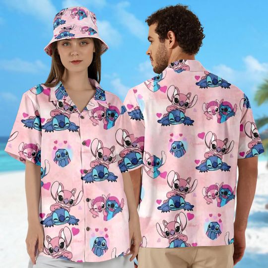 Stitch And Angel Hawaii Shirt, Lovely Couple Button Up Shirt, Lilo & Stich Hawaiian Shirt