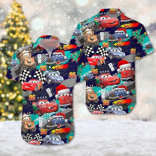 Discover Cars Santa Hat Christmas Hawaii Shirt,  Lightning McQueen Mater Sally Hawaiian Shirt