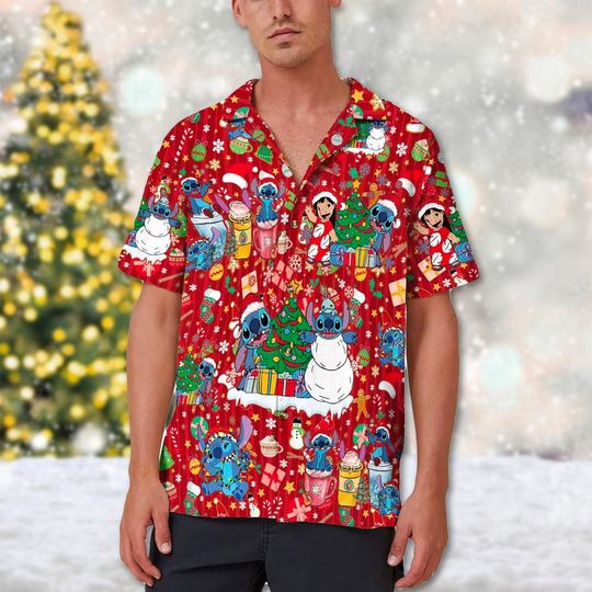 Stitch Christmas Hawaiian Shirt, Stitch and Lilo Xmas Party Shirt, Stitch Hawaiian Shirt