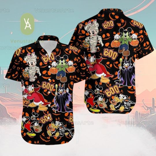 Discover Mickey Minnie Donald Goofy Pluto Boo Happy Halloween Disney Hawaiian Shirt