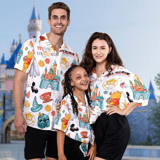 Discover Retro Bear And Magic Castle Hawaii Shirt, Blue Dog Button Up Shirt Holiday