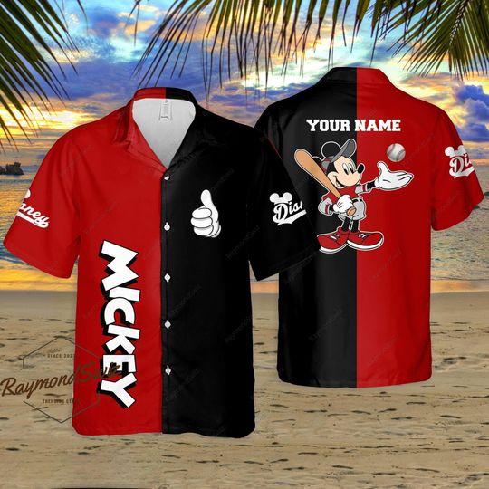Discover Halloween Mickey Hawaiian Shirt, Personalized Name Shirt, Mickey Play Baseball Button