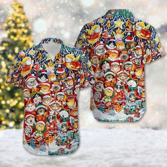 Discover Christmas Cat Funny Happiness Hawaiian Shirt, Santa Cat Button Up Shirt
