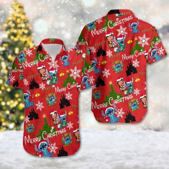 Lilo Stitch With Christmas Light Hawaii Shirt, Lilo And Stitch Button Up Shirt