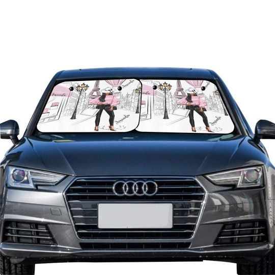 Lady in Paris Anti UV Custom 2 Piece Car Windshield Sun Shade - 1st Car Owner Gift Ideas - Automotive Window Sun Shield - Melanin Car Shade