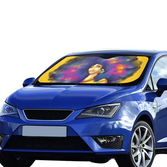 African American Afro Woman Anti UV Custom Car Windshield Sun Shade - 1st Car Owner Gift Ideas - Automotive Folding Window Sun Shield