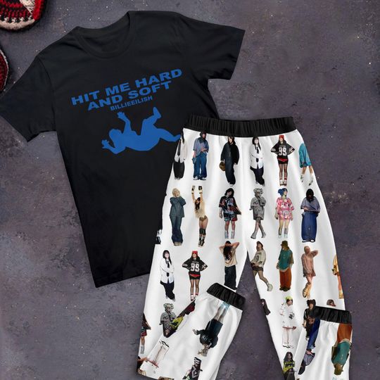 Hit Me Hard and Soft Holiday Pajamas Set, Billie Eilish Personalized Family Pajamas, Billie Eilish Family Christmas Pajamas Set.