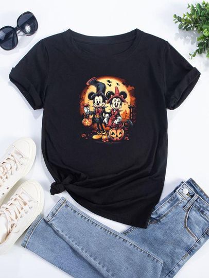 Discover Disney Mickey Minnie mouse Halloween Pumpkin ghost T-shirt Top Men Women Ladies