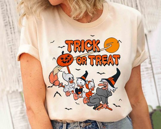 Discover Trick Or Treat Huey Dewey Louie Witch Hazel Shirt, Disney Duck Tales Halloween Pumpkin Tee