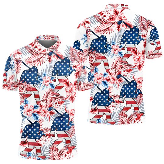 Bigfoot American Flag Golf Polo Shirts for Men, Bigfoot Sasquatch Golf Player Short Sleeve