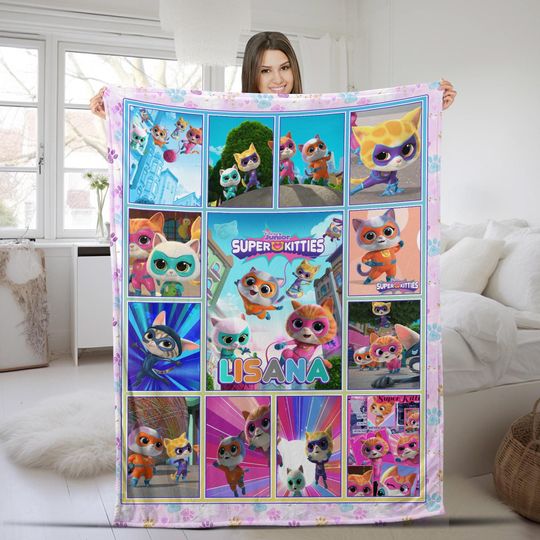 Discover Disney SuperKitties Blanket, Super Kitties Fleece Blanket, Super Cat Blanket, Ginny Sparks Buddy and Bitsy Blanket, Sofa Blanket