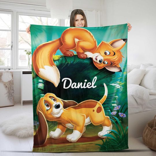 Disney Characters Blanket, Personalized The Fox And The Hound Custom Name Blanket, Bed Couch, Disneyland Blanket, Cartoon Kid Blanket