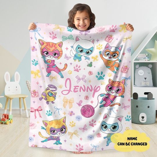 Discover Personalized Watercolor Coquette Bows Superkitties Blanket | Super Kitties Birthday Fleece Blanket Ginny, Sparks, Buddy, And Bitsy Blanket