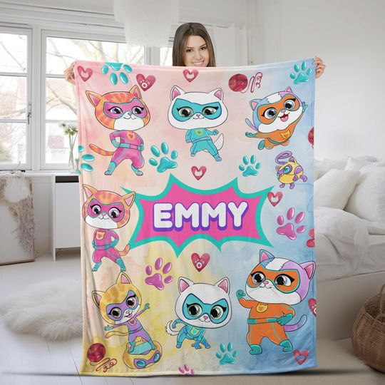 Discover Personalized Superkitties Blanket/Superkittie Birthday Blanket/Custom Super Cat Blanket/Bitsy Ginny Sparks Buddy Cat Burglar Blanket