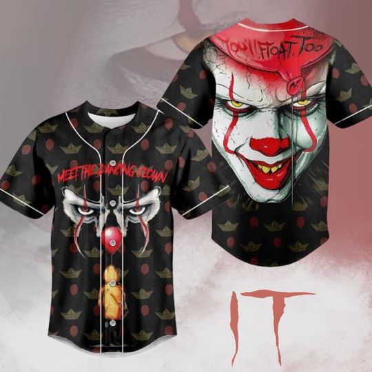 Halloween Pennywise Baseball Jersey, IT Movie Jersey Shirt, Pennywise You'll Float Too Jersey, Horror Character Baseball Shirt