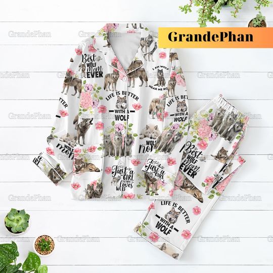 Wolf Animal Christmas Pajamas Set, Wolf Pajama, Womens Flamingo Pajama, Bridesmaid Pajamas, Holiday Pajama, Wolf Nature Shirt