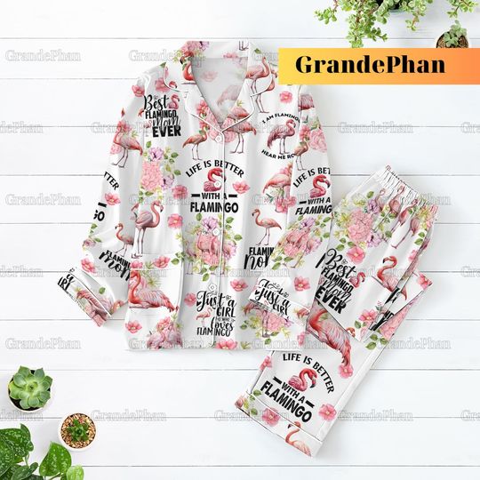 Flamingo Bird Christmas Pajamas Set, Flamingo Pajamas Party, Womens Flamingo Pajama, Bridesmaid Pajamas, Bird Christmas Pajamas