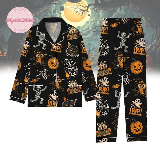 Halloween Witchy Vibes Pajamas Set, Dancing Skeleton Pajamas For Party, Black Cat And Pumpkin Shirt, Spooky Season Merch, Gift For Her