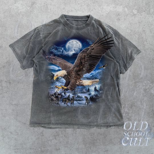 Discover Eagle With Wolves Vintage 90s Graphic Shirt, Wolf Moon Tee, Wild Free, Loyal Wolf Shirt, Eagle Nature Tee,Mystical Retro Tee