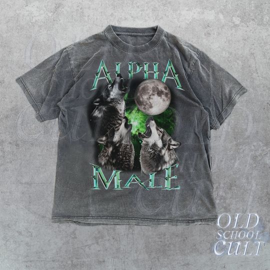 Discover Alpha Male Vintage Graphic T-Shirt, Retro 90s Wolf Moon T-Shirt, Retro 2000s Nature Shirt, Emo Silly Shirt, Alpha Wolf