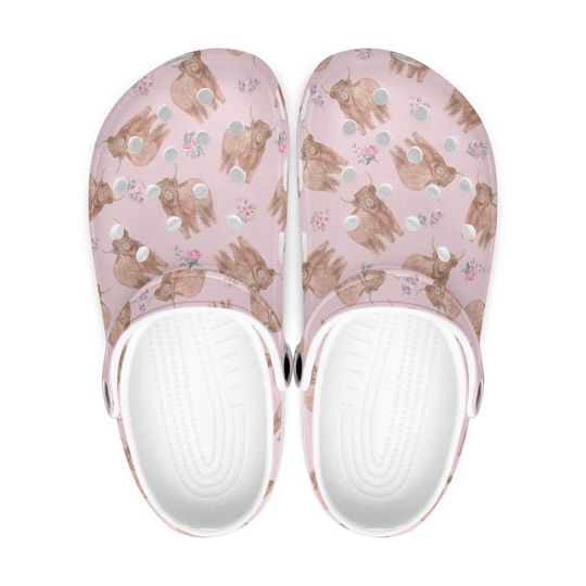 Pink women's and children's clogs shoes - slippers with highland cow farm animal pattern, cute animal motif clogs for girls, gift for cow lovers