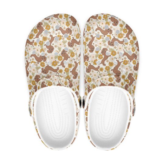 Dog Motif Men Women Clogs Shoes  Beige Retro Dachshund Design, Floral Slippers, Funny Animal Motif Clogs, Gift for Dachshund Lovers