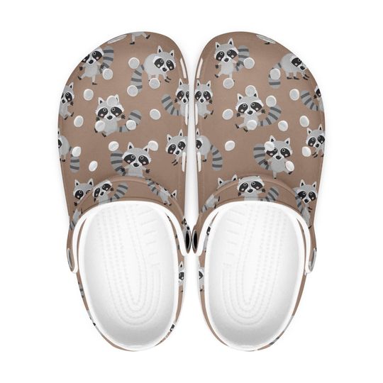 Discover Brown women's and men's rubber clogs shoes, funny raccoon pattern, cartoon design, animal pattern clogs, unisex slippers