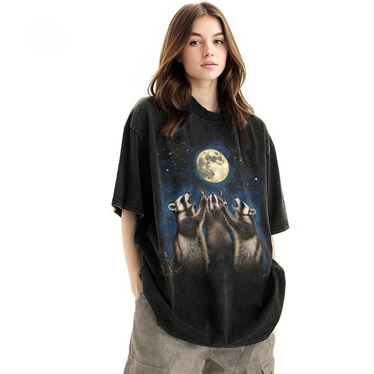 Discover Limited Three Raccoons Vintage Unisex Shirt, Retro Raccoon Moon 90s retro design graphic T: Ideal Gift for Him and Her