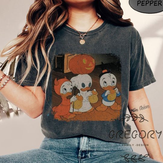 Discover Retro Huey Dewey And Louie Halloween Comfort Colors Shirt, Duck Pumpkin Crewneck Shirt, Scary Ducks Pumpkins&Bats Autumn Season Apparel