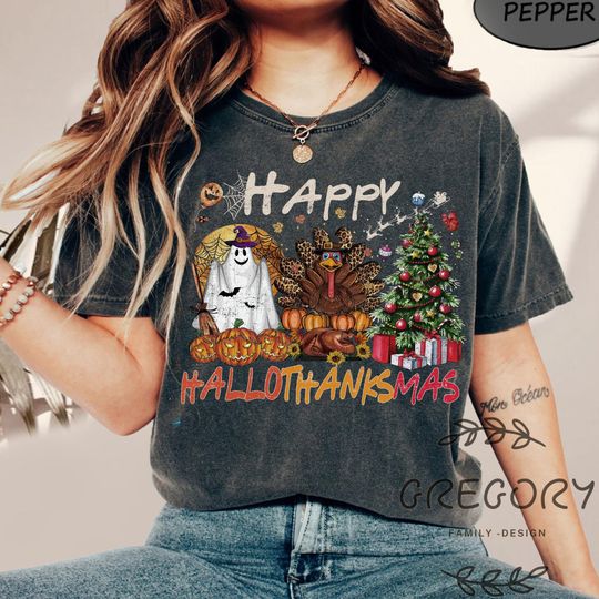 Discover Happy HalloThanksMas Shirt, Halloween Shirt, Christmas Comfort Colors Shirt, Thanksgiving Shirt, Women Sweater,Gift For Halloween