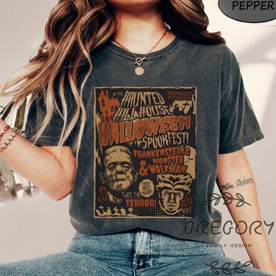 Discover Vintage Frankensteins Monster Meets Wolfman Comfort Colors Shirt, Halloween Shirt, Horror Movies Characters Shirt,Halloween Monster Tee