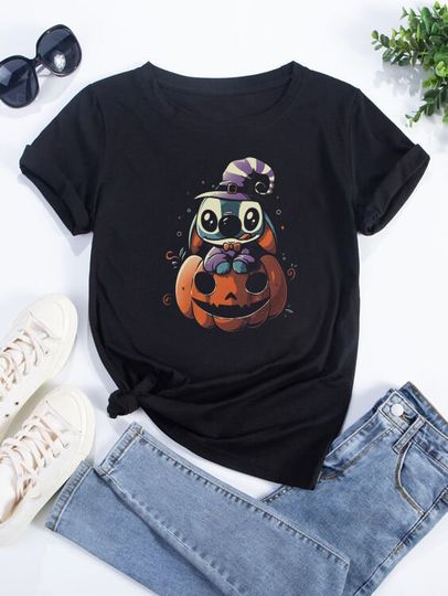 Discover Disney stitch ghost pumpkin witch Halloween trick or treat Best gift Tshirt