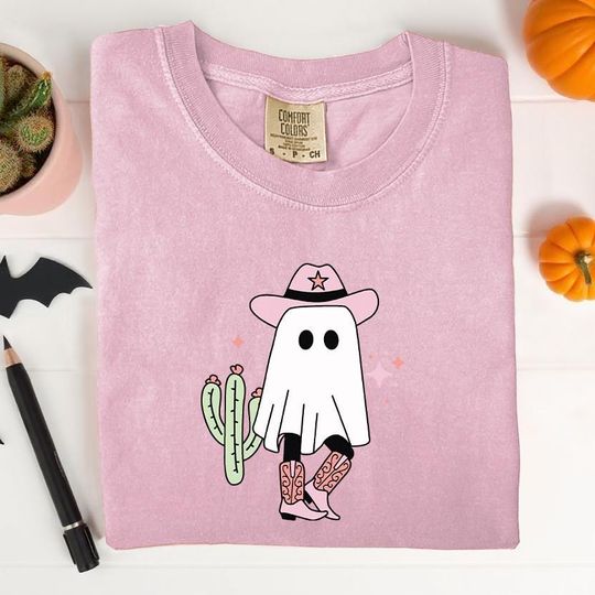 Discover Pink Cosmic Cowgirl Ghost T-Shirt Retro Halloween Shirt, Space Cowgirl Tee