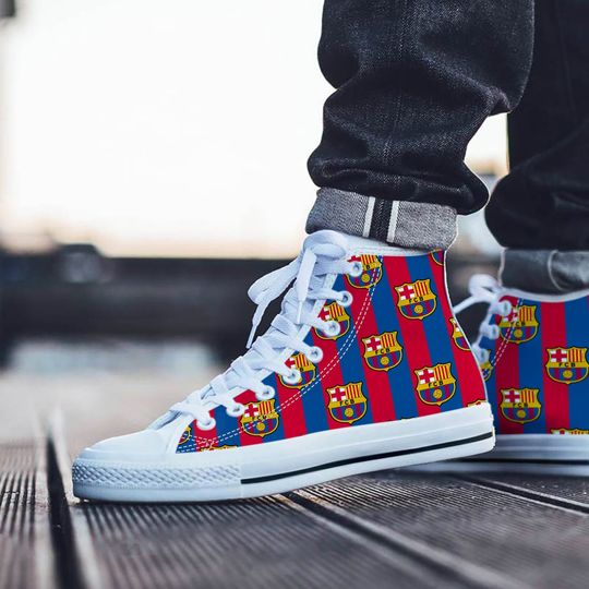 Discover FC Barcelona Shoes, FCB High Top Sneaker, Footbal Soccer Fan Converse style hightop, custom shoe, mom dad child shoe