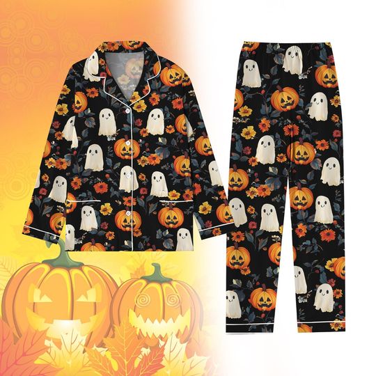 Halloween Pajamas, Spooky Ghost Pajamas, Autumn Holiday Pajamas, Floral Cute Ghost Pjs For Women, Pumpkin Pajamas, Spooky Season Gift