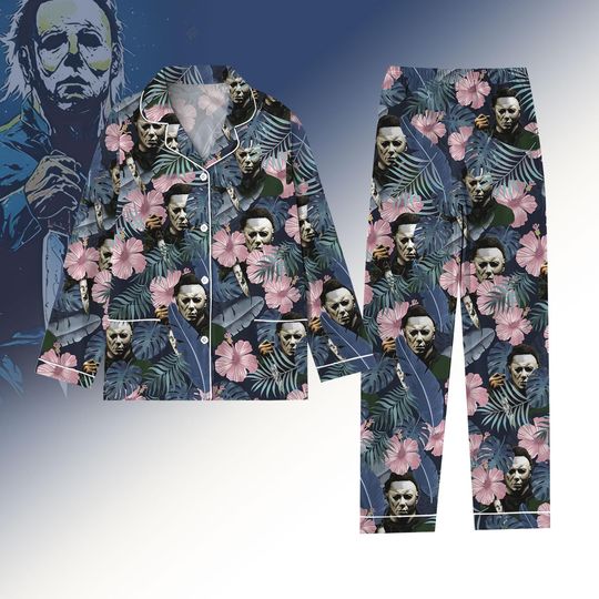 Discover Halloween Michael Myers Pajamas Set, Michael Myers Floral Shirt, Horror Characters Holiday Pajamas, Halloween Movie Pjs, Womens Pajamas