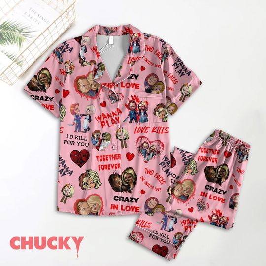 Chucky And Tiffany Pajamas, Chucky And Bride Pajamas Set, Chucky Couple Pajamas, Horror Movie Holiday Pajamas, Halloween Gift