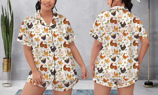 Discover Chicken Christmas Pajamas Short Set, Chicken Pattern Pajamas Set, Holiday Pajamas Set, Pajamas Pants, Women Pajamas, Sleepwear Pyjamas