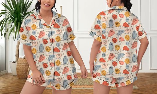 Cat Lover Christmas Pajamas Short Set, Cat Pattern Xmas Pajamas Set, Holiday Pajamas Set, Pajamas Pants, Women Pajamas, Sleepwear Pyjamas