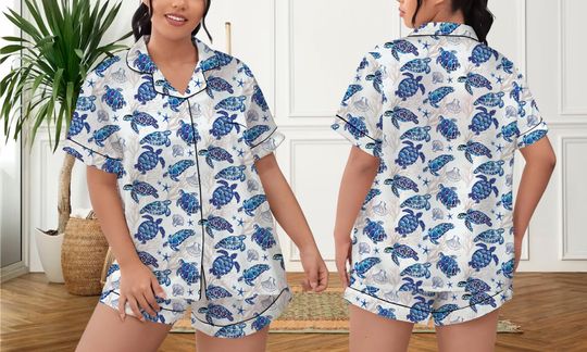 Discover Sea Turtle Pajamas Short Set, Sea Turtle Pattern Pajamas Set, Holiday Pajamas Set, Pajamas Pants, Women Pajamas, Sleepwear Pyjamas
