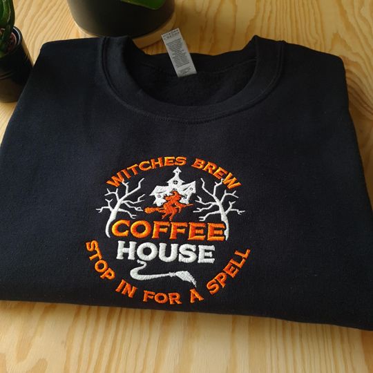 Discover Glow in The Dark Halloween Sweatshirt, Witches Brew Coffee House Embroidery Sweatshirt, Halloween Coffee Lover Sweatshirt, Halloween Jumper