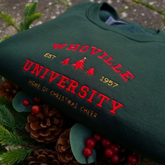 Discover Christmas Whoville University Embroidered Sweatshirt, Christmas Crewneck, Christmas Jumper, Christmas Shirt, Retro Vintage Sweatshirt