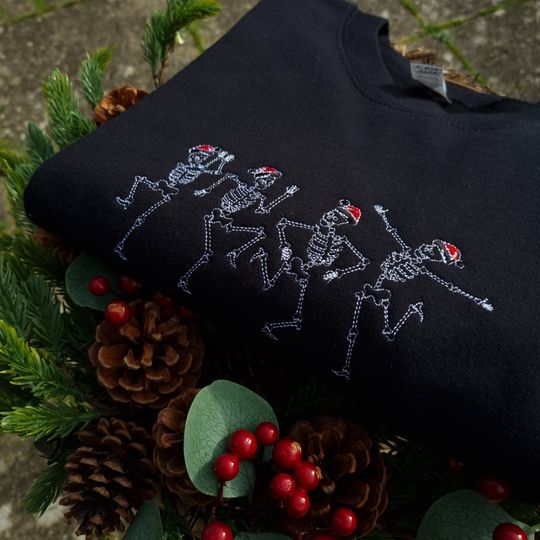 Discover Embroidered Skeleton Christmas Jumper, Xmas Sweatshirt, Jumper for her, Hoodie for Him, Festive Present Gift, Christmas Clothing, Unisex
