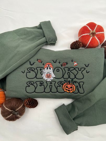 Embroidered Spooky Season Sweatshirt, Halloween Sweatshirt, Halloween Embroidered Sweatshirt, Fall Crewneck, Cute And Scary Crewneck