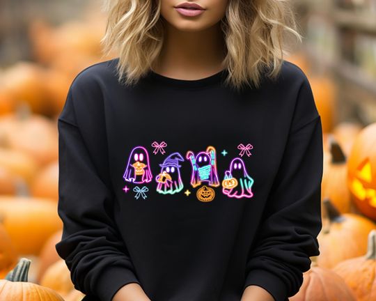 Coquette Halloween Neon Sweater, Halloween Ghost Neon Sweatshirt,Halloween Ghost ,  Halloween Party Sweater,Coquette Bow Girls Sweater