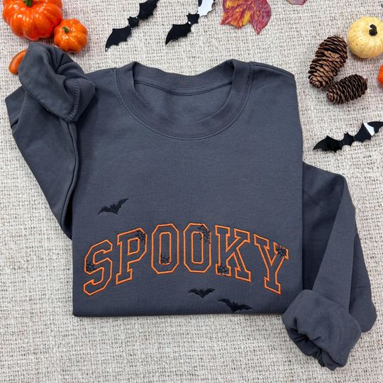 Discover Spooky Embroidered Halloween Sweatshirt | Spooky Season Fun Fall Crewneck Sweater | Autumn Pullover